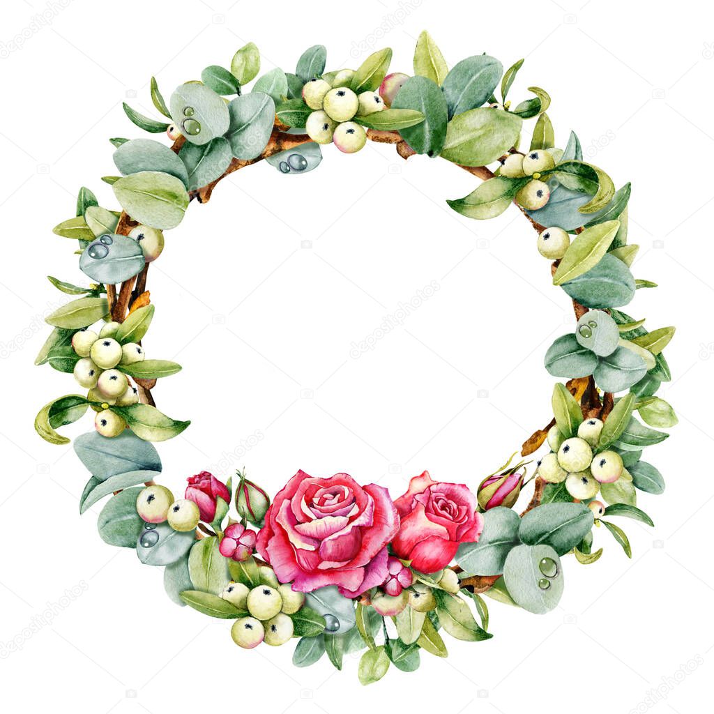 Round wreath with eucalyptus leaves, mistletoe berries, willow twigs, roses. Watercolor illustration isolated on white background. Hand drawn. For the design of Christmas and wedding products.