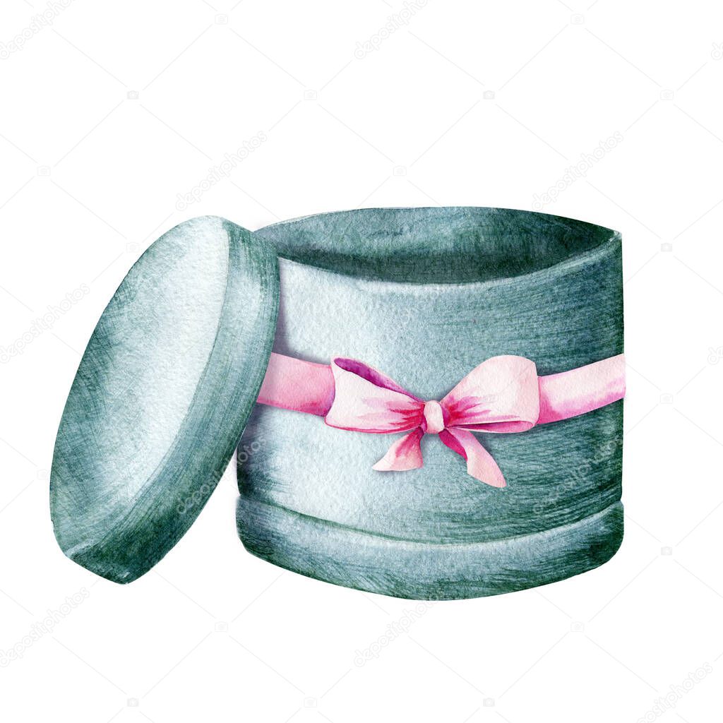 Gift box, packaging for cake, flowers, goods, gift, tied with ribbon, bow. Hand watercolor illustration isolated on white background. Wedding design, birthday, invitation, greetings, Valentine's Day.