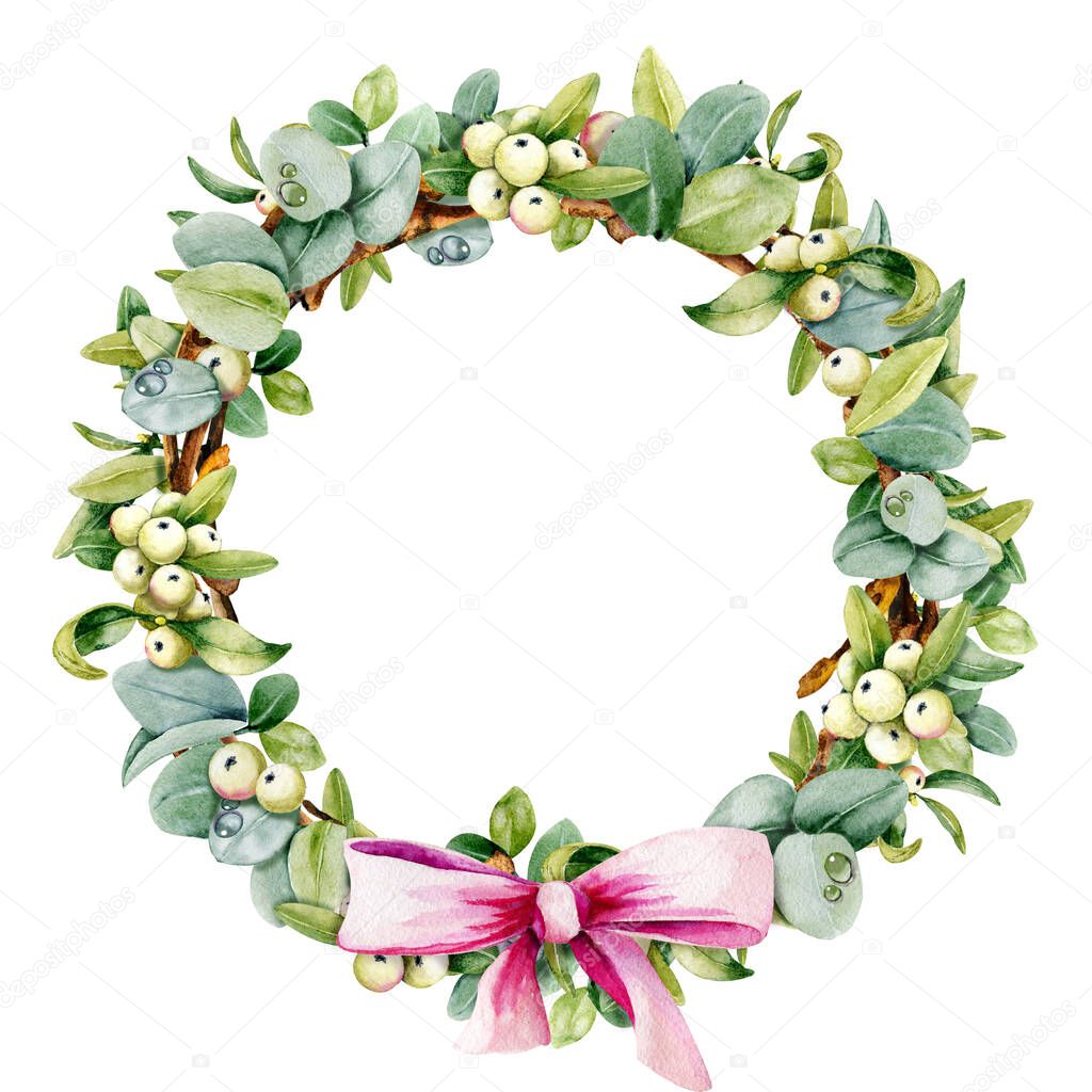 Round wreath with eucalyptus leaves, mistletoe berries, willow twigs, red bow, ribbon. Watercolor illustration isolated on white background. Hand drawn. Design of Christmas and wedding products.