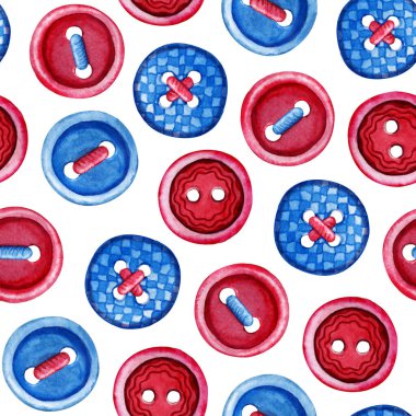 Çok renkli düğmeleri olan kusursuz bir desen. Beyaz arka planda elle çizilmiş suluboya çizimi. El işi tasarımı, ambalaj, ambalaj, terzi, hobi.