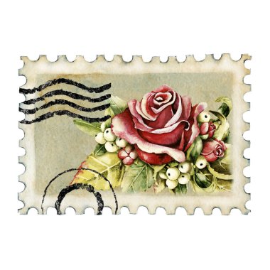 Boş posta pulu, posta damgası. Klasik gül, ökseotu üzümü. Beyaz arka planda izole edilmiş suluboya el çizimi. Posta tasarımı, posta yazışmaları, hatıra defteri, el yapımı, kartpostallar.