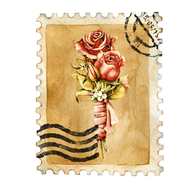 Чистая почтовая марка, почтовый штемпель. Винтажная роза, ягоды омелы. Иллюстрация акварелью на белом фоне. Почтовый дизайн, почтовая переписка, скрапбукинг, ручная работа, открытки — стоковое фото