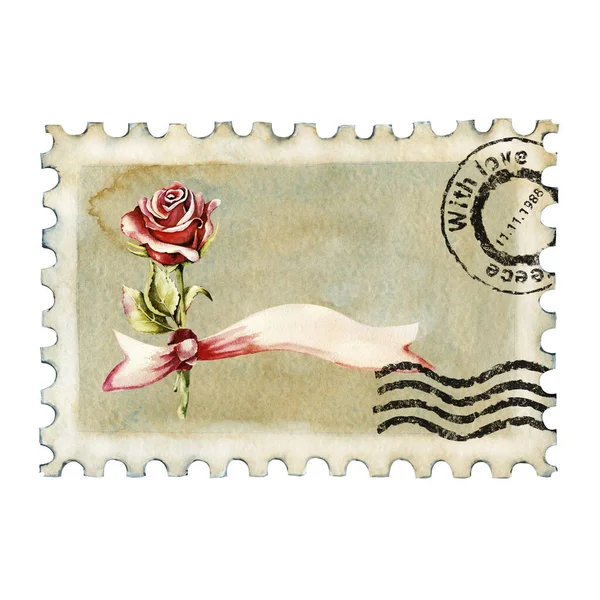 Blank frimärke, poststämpel. Vintage rose, mistel bär. Akvarell handritad illustration isolerad på vit bakgrund. Postdesign, postkorrespondens, klippning, handgjorda, vykort — Stockfoto