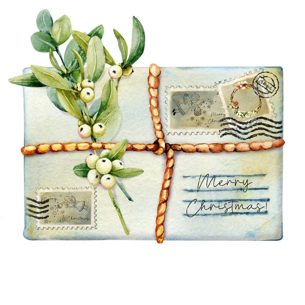 Życzenia świąteczne, znaczki pocztowe, zielona gałązka eukaliptusa, jemioła. Akwarela ręcznie rysowane ilustracji izolowane na białym tle. Projekt poczty, korespondencja pocztowa, scrapbooking — Zdjęcie stockowe