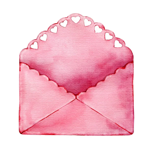 Envelope Papel Rosa Com Enfeite Corações Mão Desenhada Aquarela Closeup — Fotografia de Stock