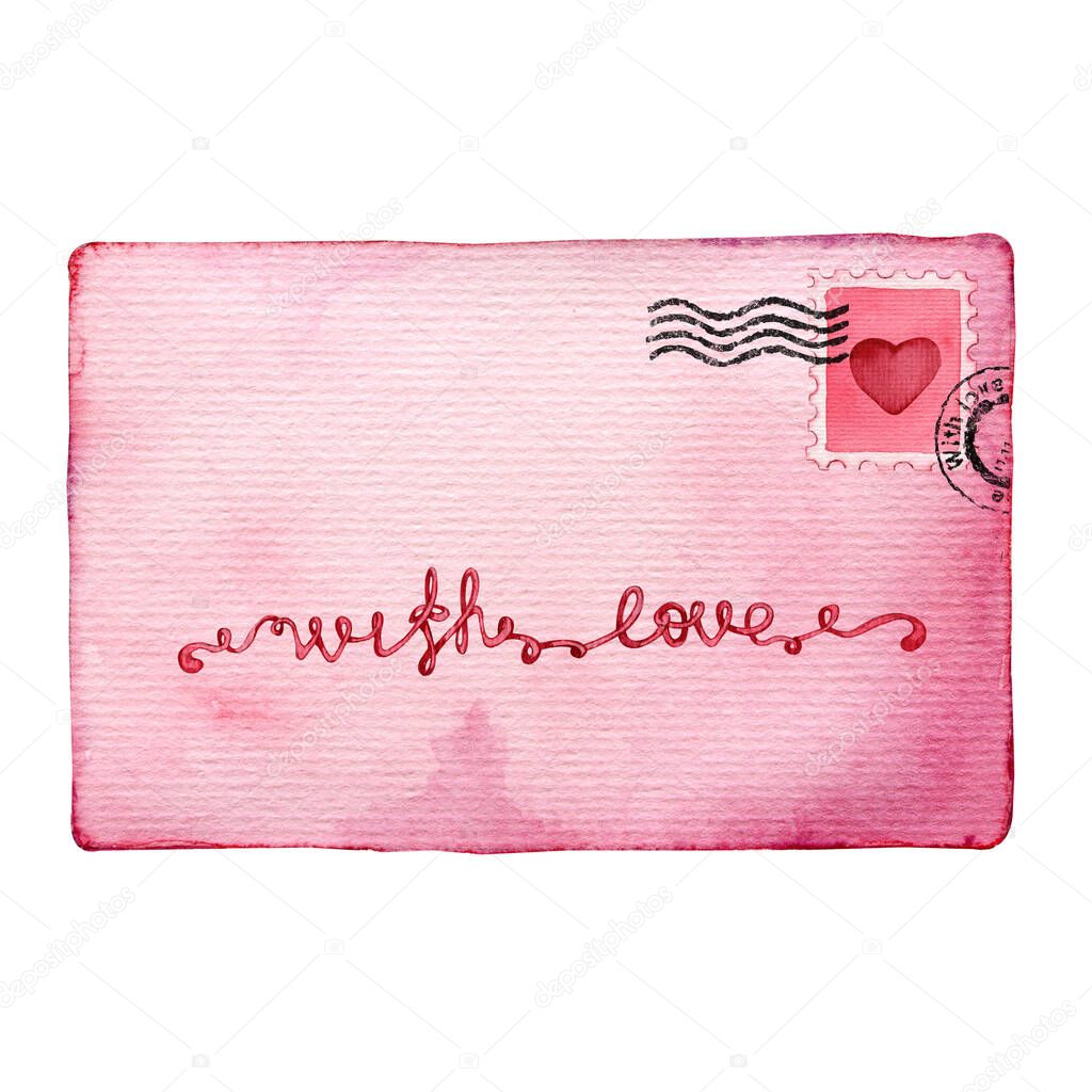 Envelope of pink paper with hearts ornament. Hand drawn watercolor closeup illustration. For design concepts of mail, correspondence, message, template, greeting card, Valentine's Day, Mother's Day.