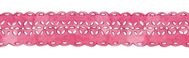 Kusursuz desenli sınır dantelli pembe kumaş dokusu. Beyaz arkaplanda suluboya çizimi. Tek renkli kıyafet tasarım elementi. Kartpostal tasarımı Sevgililer Günü, Anneler Günü, tebrikler, düğün