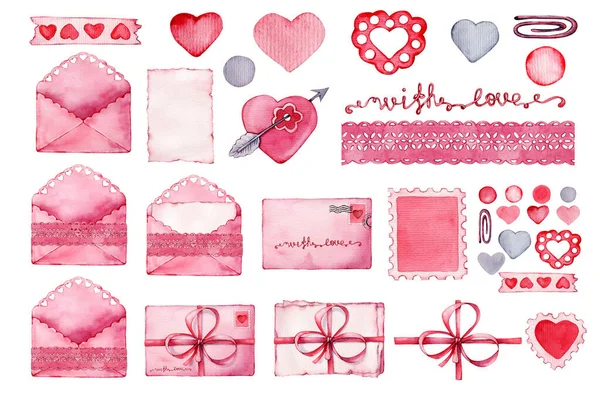 Set Festive Elements Valentine Day Watercolor Illustration Mail Envelope Letter — Stock Photo, Image
