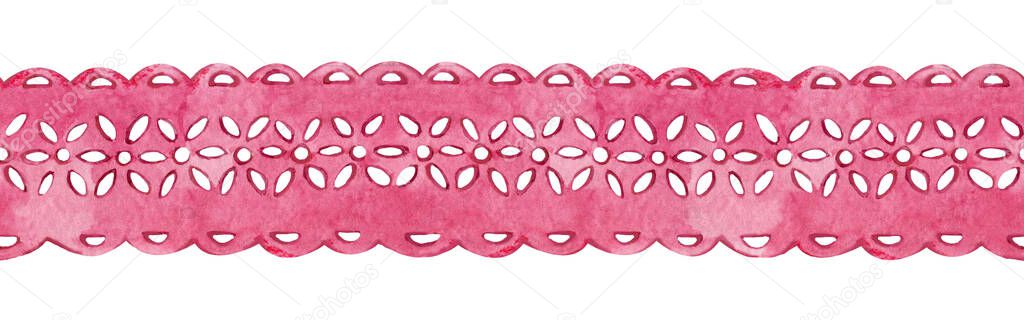 Seamless pattern border lace pink cloth texture. Watercolor illustration on white background. Monochrome clothing design element. Postcard design Valentine's Day, Mother's Day, congratulation, wedding