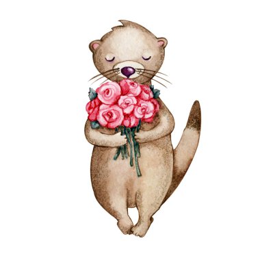 Cartoon cute otter wishes Happy Valentine's Day. Watercolor hand drawn illustration isolated on white background. Postcard for her, birthday, valentine, animals. clipart