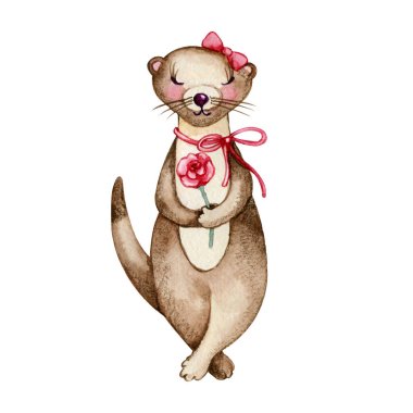 Cartoon cute otter wishes Happy Valentine's Day. Watercolor hand drawn illustration isolated on white background. Postcard for him, birthday, valentine, animals. clipart