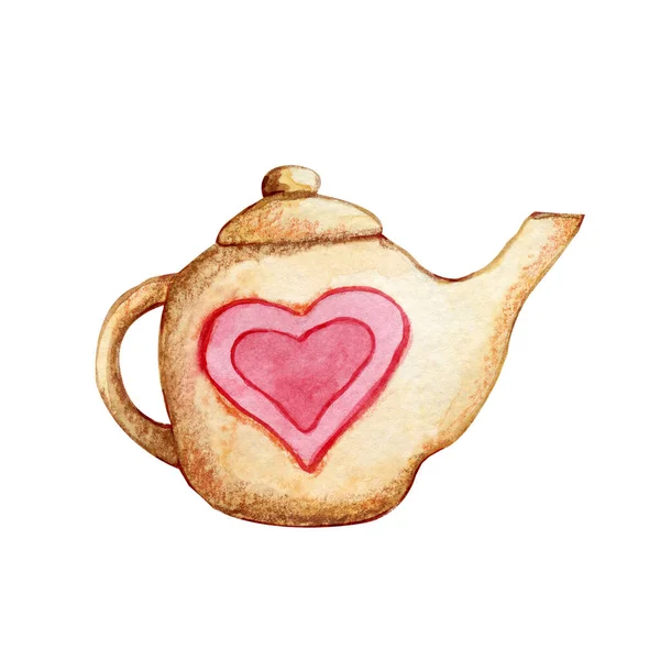 Kerámia teáskanna rózsaszín szívvel. Közelkép kézzel rajzolt akvarell illusztráció elszigetelt fehér háttér — Stock Fotó
