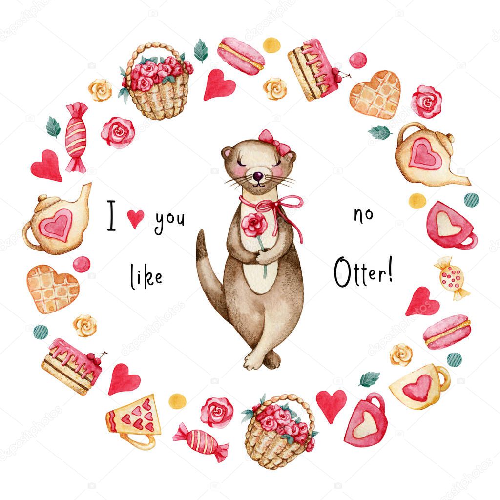 Cartoon cute otter wishes Happy Valentines Day. Watercolor hand drawn illustration isolated on white background. Postcard for him, birthday, valentine, animals