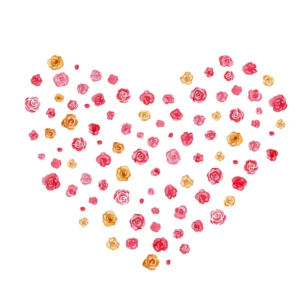 Coeur composé de fleurs roses rapprochées. Aquarelle illustration dessinée à la main isolée sur fond blanc. Carte pour amoureux, anniversaire, Saint Valentin, animaux — Photo