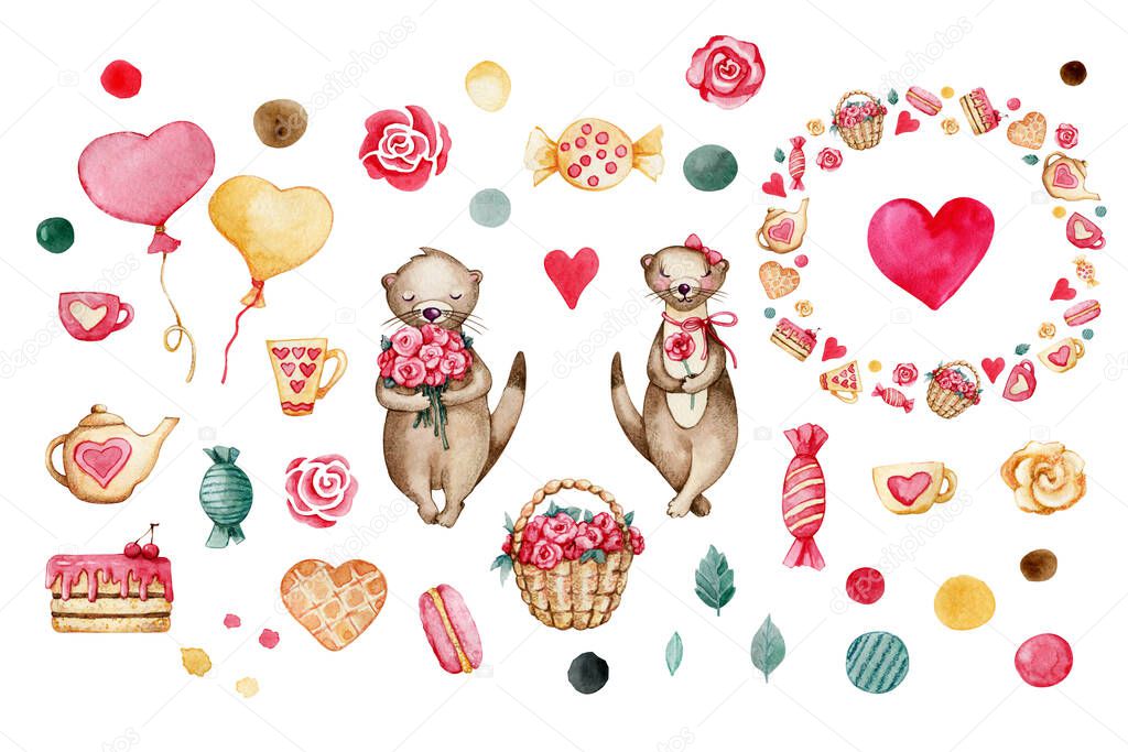 Set of items for Valentines Day. Cute cartoon otters, flowers, bouquet, heart, sweets, tea party. Watercolor illustration isolated on white background. Card for lovers, birthday, valentine, animals