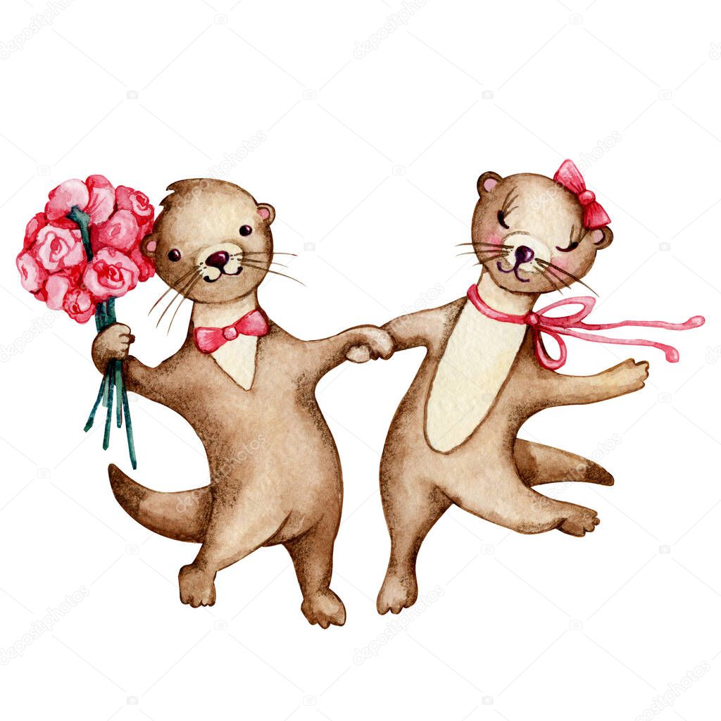 A couple of cartoon otters in love fight for hands and dance. Watercolor hand drawn illustration isolated on white background. Card for lovers, birthday, valentine, animals