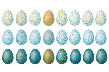 Soyut geometrik desenli bir Paskalya yumurtası seti. Beyaz arka planda elle çizilmiş suluboya çizimi. Tatil ürünleri için tasarım, şablon, selamlama, kapak.