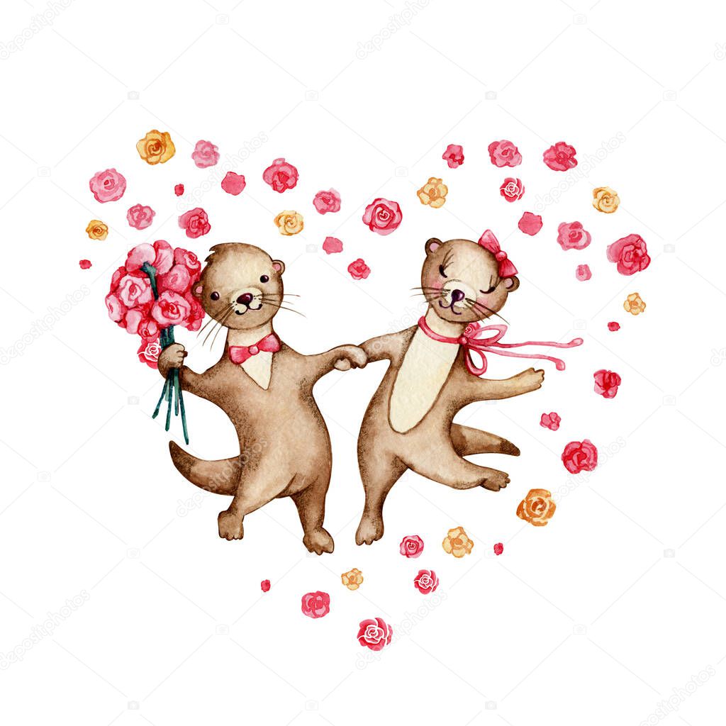 A couple of cartoon otters in love fight for hands and dance. Watercolor hand drawn illustration isolated on white background. Card for lovers, birthday, valentine, animals