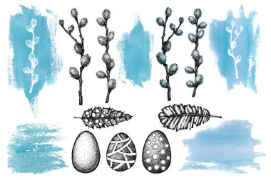 Set with pussy willow twigs, Easter eggs, delicate feathers on watercolor spots. Hand drawn black and white graphic illustrations isolated on white background. Design banner, background, postcards