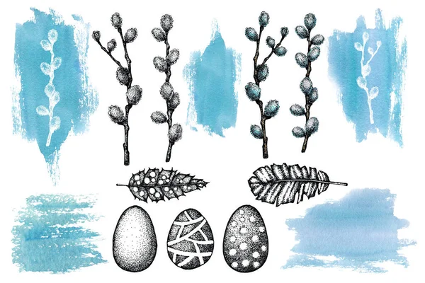 Set with pussy willow twigs, Easter eggs, delicate feathers on watercolor spots. Hand drawn black and white graphic illustrations isolated on white background. Design banner, background, postcards — Stock Fotó