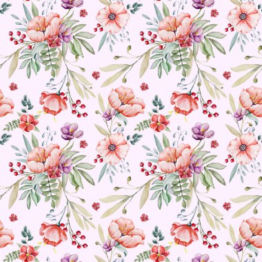 Çiçekli, gelincik, lavanta, çuha çiçeği ve böğürtlenli kusursuz desen. El yapımı suluboya çizimi. Düğün baskısı malzemeleri, davetiyeler, tebrikler, kapak, kapak, duvar kağıdı, ambalaj kağıdı