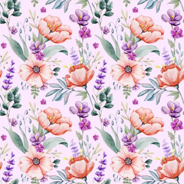Çiçekli, gelincik, lavanta, çuha çiçeği ve böğürtlenli kusursuz desen. El yapımı suluboya çizimi. Düğün baskısı malzemeleri, davetiyeler, tebrikler, kapak, kapak, duvar kağıdı, ambalaj kağıdı