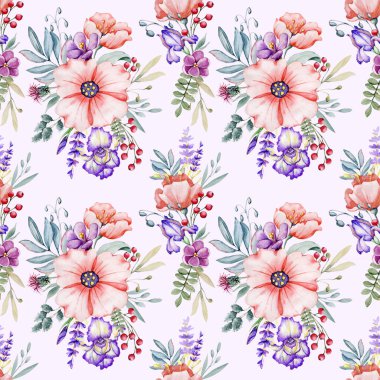 Çiçekli, gelincik, lavanta, çuha çiçeği ve böğürtlenli kusursuz desen. El yapımı suluboya çizimi. Düğün baskısı malzemeleri, davetiyeler, tebrikler, kapak, kapak, duvar kağıdı, ambalaj kağıdı