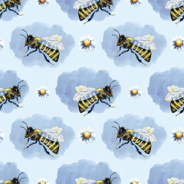 Arı, yaban arısı, bal, bulutlar, gökyüzü ve papatya ile dijital kağıt desenli. El çizimi suluboya çizimi mavi arkaplanda izole edildi