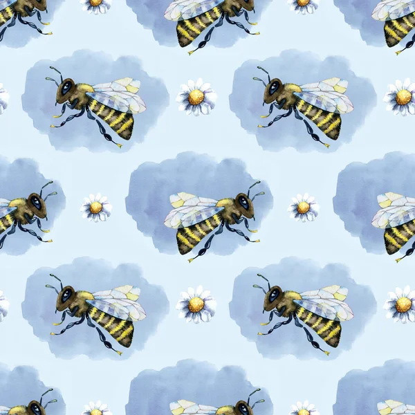 Arı, yaban arısı, bal, bulutlar, gökyüzü ve papatya ile dijital kağıt desenli. El çizimi suluboya çizimi mavi arkaplanda izole edildi