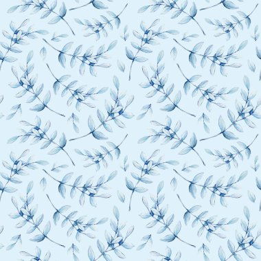 Bir buket çiçek için yeşil yaprak, pürüzsüz desen. El boyası çizimi mavi arka planda izole edilmiş. Düğün baskısı için tasarım: Davetiye, tebrikler, Clipart, kartpostal