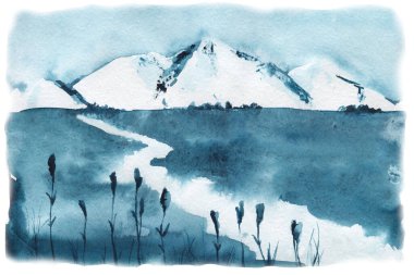 Manzara dağları, çayır, tarla, nehir yolu. El çizimi suluboya resim, kağıt kapanıyor. Tasarım arka planı, şablon, kartpostal kapağı