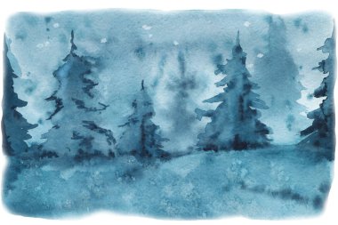 Orman manzarası, ağaçlar, ladin, çam ağaçları, sis. El çizimi suluboya resim, kağıt kapanıyor. Tasarım arka planı, şablon, kartpostal, kapak.