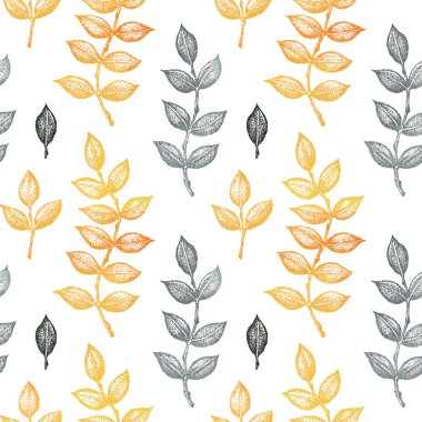 Beyaz suluboya arka planda yaprakları olan kusursuz desenli grafiksel dallar. Şablon tasarımı, sosyal medya, kapak, kumaş, ambalaj, duvar kağıdı için el çizimi resimleme