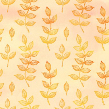 Sarı suluboya arka planda yaprakları olan kusursuz desenli grafiksel dallar. Şablon tasarımı, sosyal medya, kapak, kumaş, ambalaj, duvar kağıdı için el çizimi resimleme.