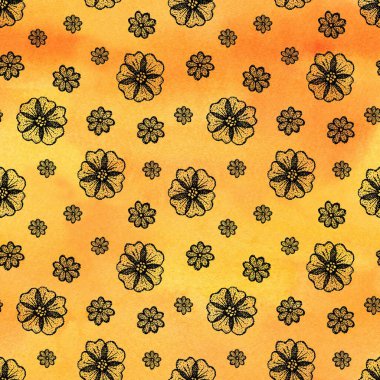 Sarı suluboya arka planda kusursuz desenli grafiksel çiçekler. Şablon tasarımı, sosyal medya, kapak, kumaş, ambalaj, duvar kağıdı için el çizimi resimleme.