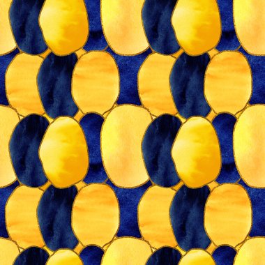 Soyut mavi, sarı noktalar ve dairelerle kusursuz geometrik desen. Tasarım geçmişi, şablon, kapak, duvar kağıdı, ambalaj, ambalaj, kartpostal için elle çizilmiş suluboya çizimi.