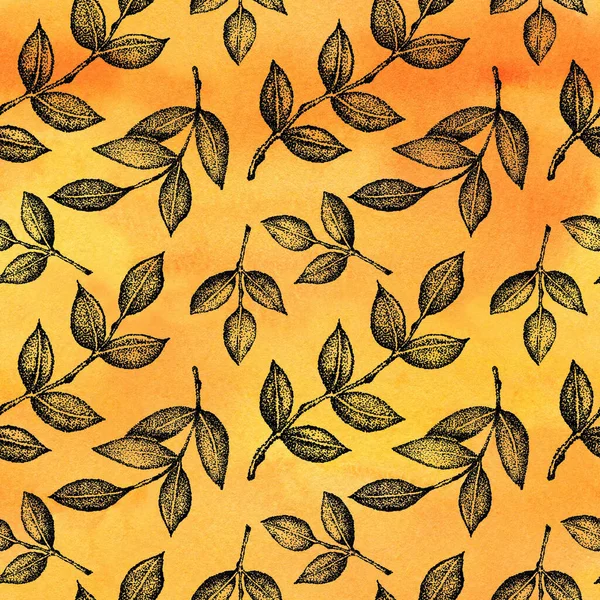 Seamless pattern Graphic twigs with leaves on a yellow watercolor textured background. Hand drawn illustration for template design, social media, cover, fabric, packaging, wallpaper.