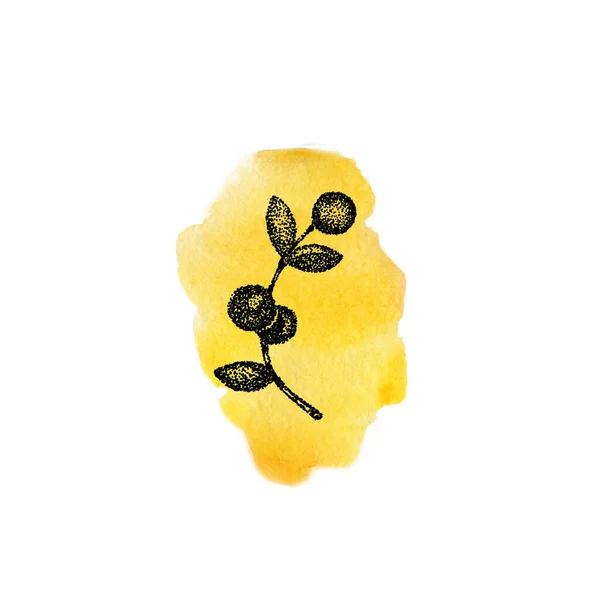 Γραφικά κλαδιά με φύλλα σε κίτρινο φόντο με ακουαρέλα. Χειροποίητη απεικόνιση για σχεδιασμό προτύπων, social media, εξώφυλλο, ύφασμα, συσκευασία, ταπετσαρία — Φωτογραφία Αρχείου