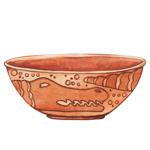 Керамический глиняный горшок, чаша с винтажным рисунком. Винтажный рисунок пещерного человека с животным крокодилом. Ручной рисунок акварелью на белом фоне