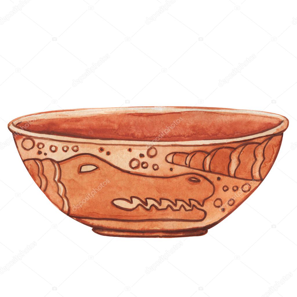 Ceramic clay pot, bowl with a vintage pattern. Caveman vintage drawing with animal crocodile. Hand drawn watercolor illustration isolated on white background close up on white background