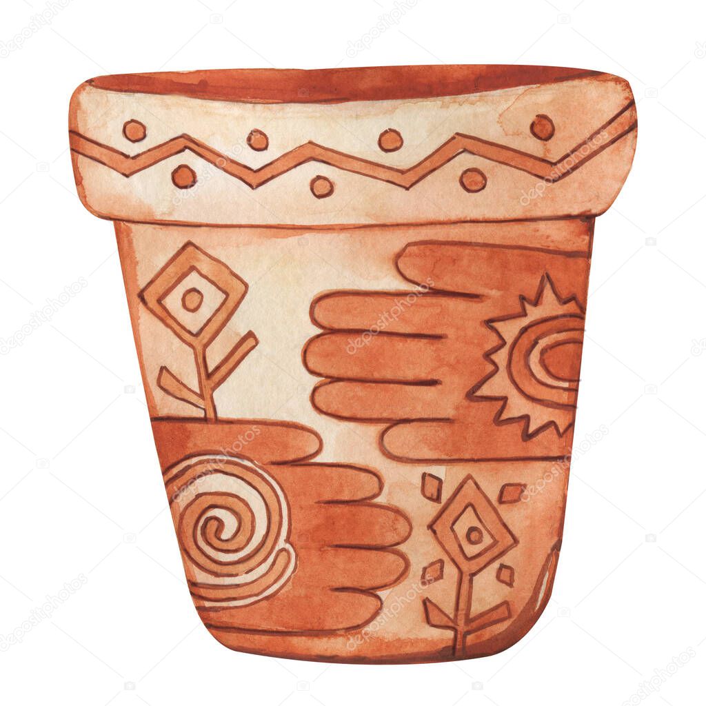 Ceramic clay pot with a vintage pattern. Caveman vintage drawing with petroglyphs, hand and flowers. Hand drawn watercolor illustration isolated on white background close up on white background