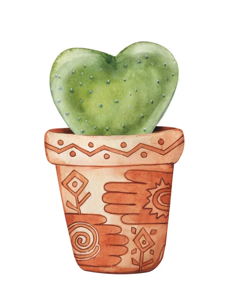 Planta suculenta, forma de corazón, cactus verde, plantas tropicales, gotas de rocío en una olla étnica de cerámica. Ilustración de acuarela dibujada a mano aislada, fondo blanco de cerca. Plantas de interior en maceta — Foto de Stock