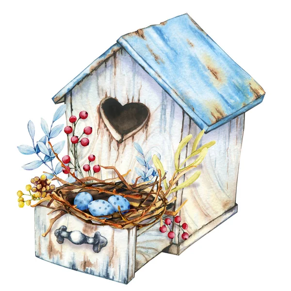 Antigua pajarera de madera vacía con caja. Nido, huevos y flores para la comodidad del hogar. Ilustración de acuarela dibujada a mano aislada sobre fondo blanco de cerca. Tarjeta de felicitación Día de la Madre, Cumpleaños, Pascua — Foto de Stock