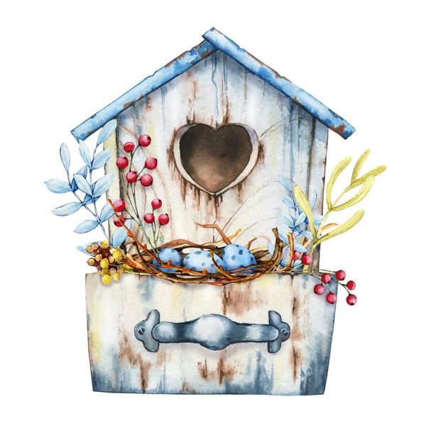 Leeres hölzernes altes Vogelhaus mit Kasten. Nest, Eier und Blumen für den Wohnkomfort. Handgezeichnete Aquarell-Illustration isoliert auf weißem Hintergrund in Nahaufnahme. Grußkarte Muttertag, Geburtstag, Ostern — Stockfoto