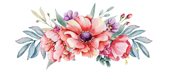 Σύνθεση με λουλούδια ακουαρέλας, μπουκέτο από αγριολούλουδα. Χειροποίητη απεικόνιση που απομονώνεται σε λευκό φόντο υψηλής ανάλυσης. Σχεδιασμός κάρτας γάμου, εξωφύλλου, συγχαρητήρια, προσκλήσεις — Φωτογραφία Αρχείου