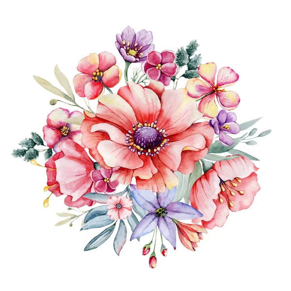 수채화 꽃 화환, 들판의 꽃 부케. 흰색 배경 고해상도에서 손으로 그린 삽화. 웨딩 카드 디자인, 커버, 축하, 초대 — 스톡 사진