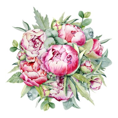 Suluboya, çiçek çelengi, şakayık çiçeği buketi. El çizimi illüstrasyon beyaz arka plan yüksek çözünürlükte izole. Düğün kartı için tasarım, kapak, tebrikler, davetiyeler