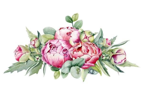 Σύνθεση με λουλούδια ακουαρέλας, μπουκέτο λουλούδια παιώνιας. Χειροποίητη απεικόνιση που απομονώνεται σε λευκό φόντο υψηλής ανάλυσης. Σχεδιασμός κάρτας γάμου, εξωφύλλου, συγχαρητήρια, προσκλήσεις — Φωτογραφία Αρχείου