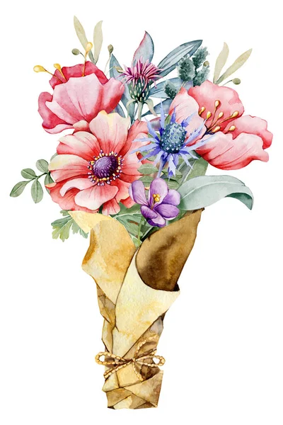 Çiçekli kır çiçekleri el sanatları paketinde. Çayır çiçekleri bir paketin içinde. Beyaz arka planda izole edilmiş el boyası resmi. Kartlar, kapaklar, düğünler, davetiyeler için tasarım — Stok fotoğraf