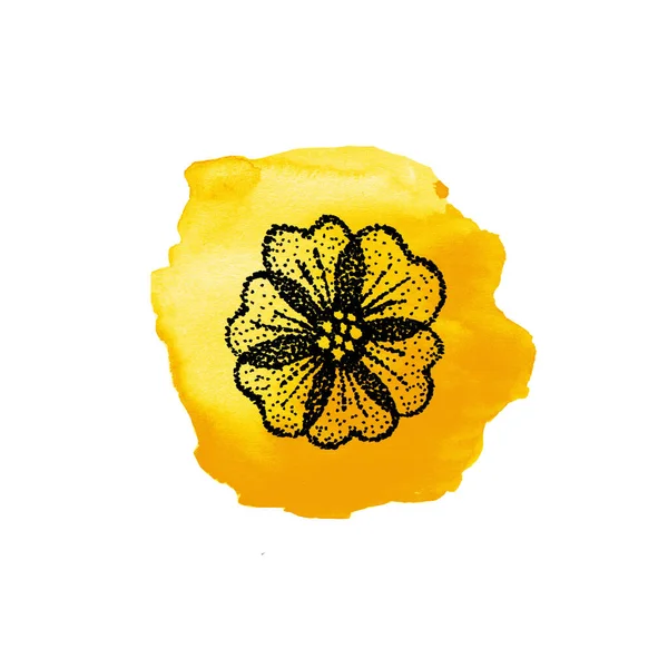 Grafische twijgen met bladeren op een gele aquarel textuur achtergrond. Handgetekende illustratie voor sjabloon ontwerp, sociale media, cover, stof, verpakking, behang — Stockfoto